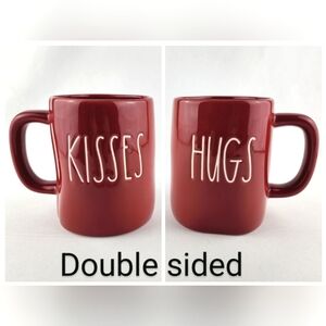 Rae Dunn Glossy Red Coffee Mug Double Sided KISSES HUGS White Large Letters